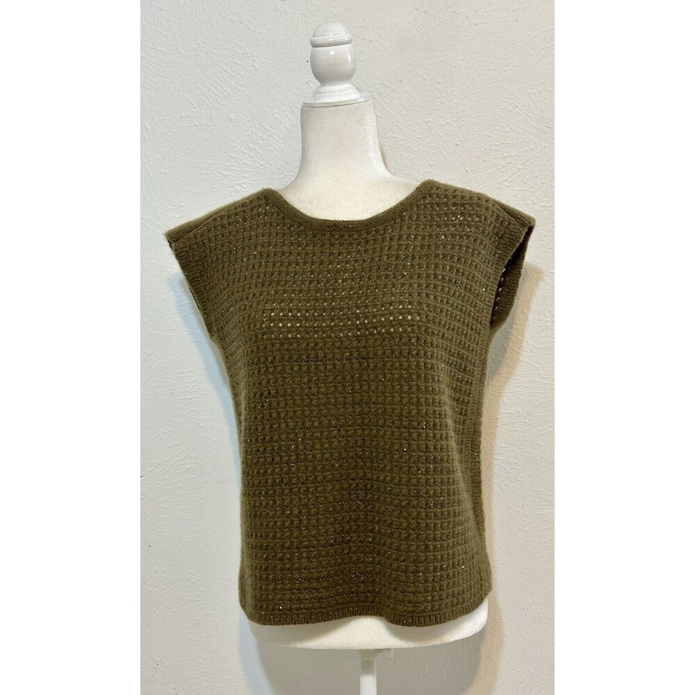 Lafayette 148 New York Size S Cashmere Gold Thread Open Knit Sweater Vest Luxury